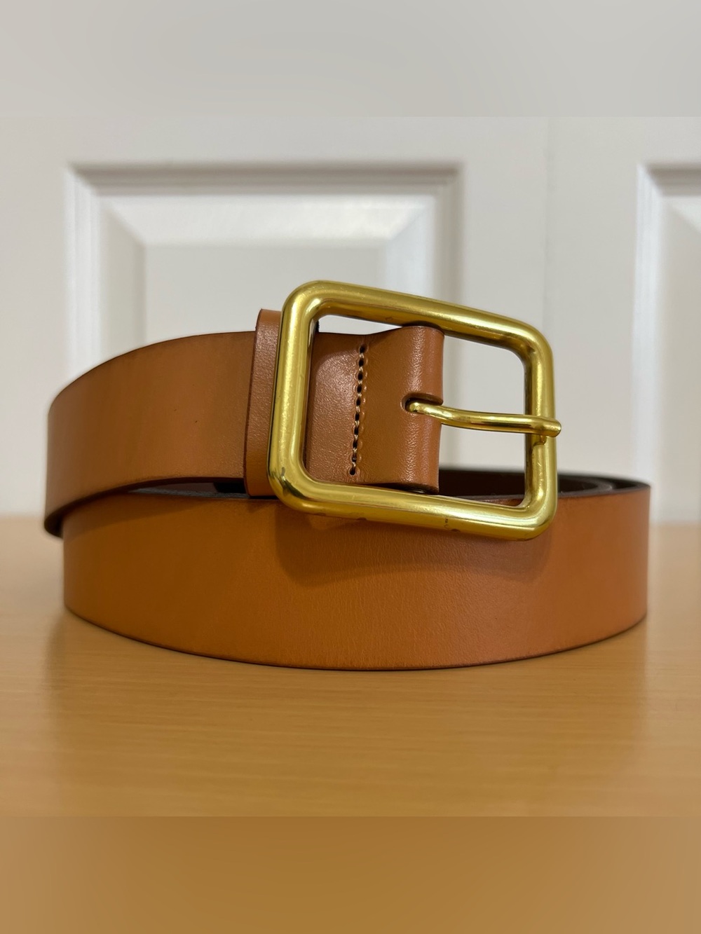 Anthropologie Women’s Minimalist Leather Belt in Cedar Brown Gold Buckle Size 1X